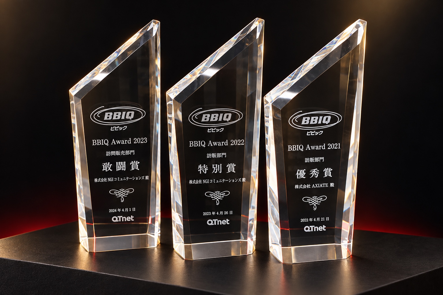BBIQ Award 2021 優秀賞、2022 特別賞、2023 敢闘賞のクリスタルトロフィー