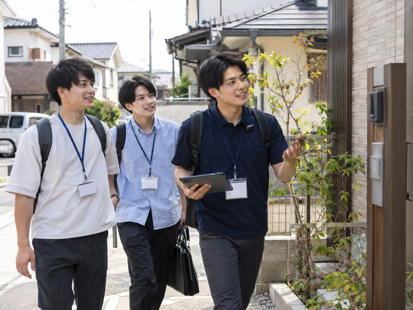 先輩とともにお客様の住まいを訪れる営業同行のイメージ