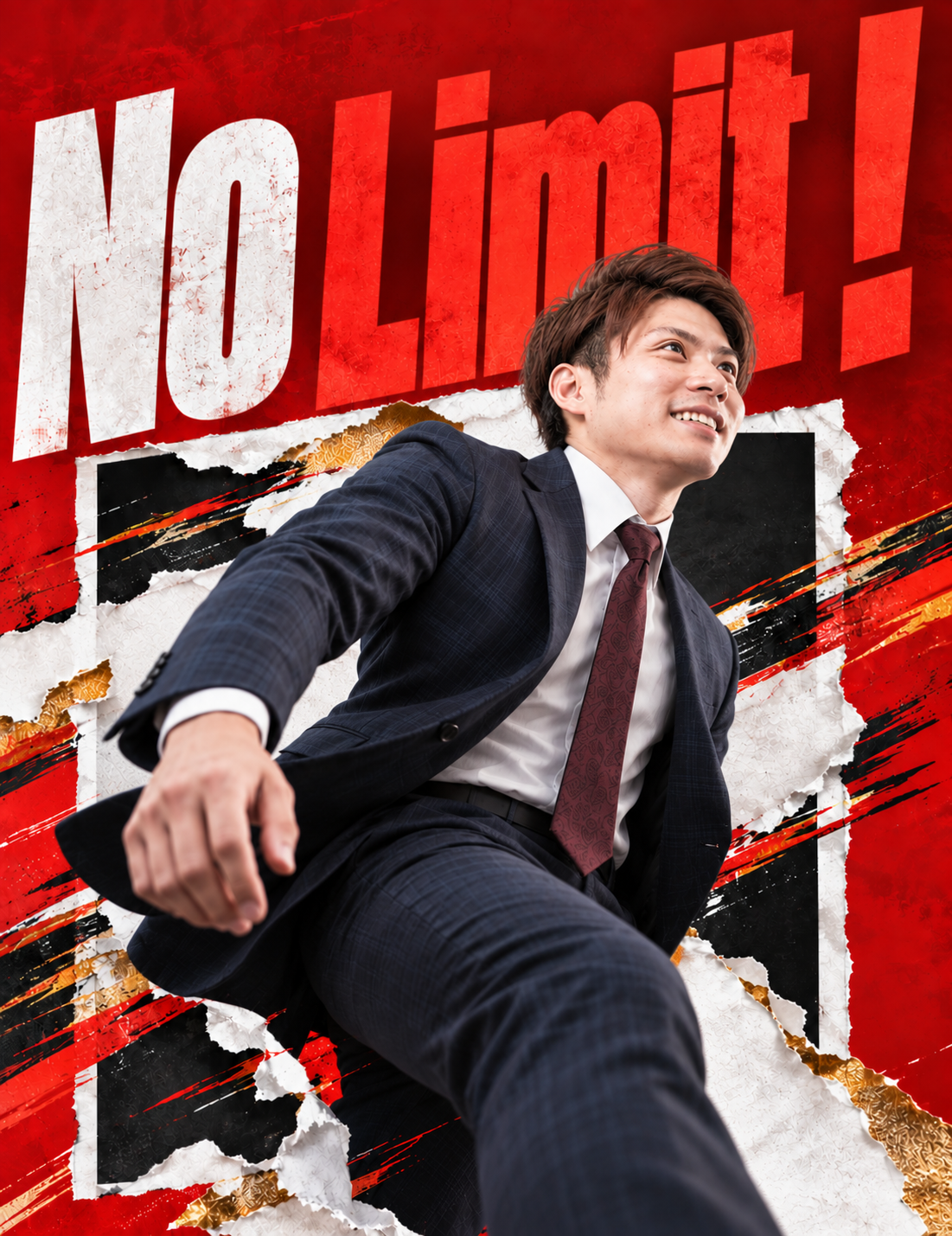 赤いNo Limit !の文字を背景に、スーツ姿の男性が前へ進むイメージビジュアル